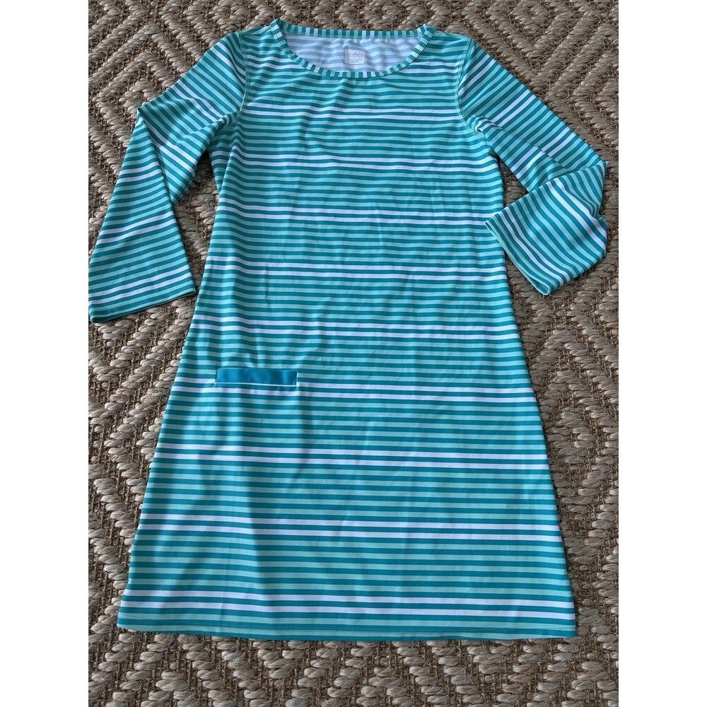 Cabana Life Monaco Blu Stripe Dress Womens Medium Teal White UPF 50+ Sun